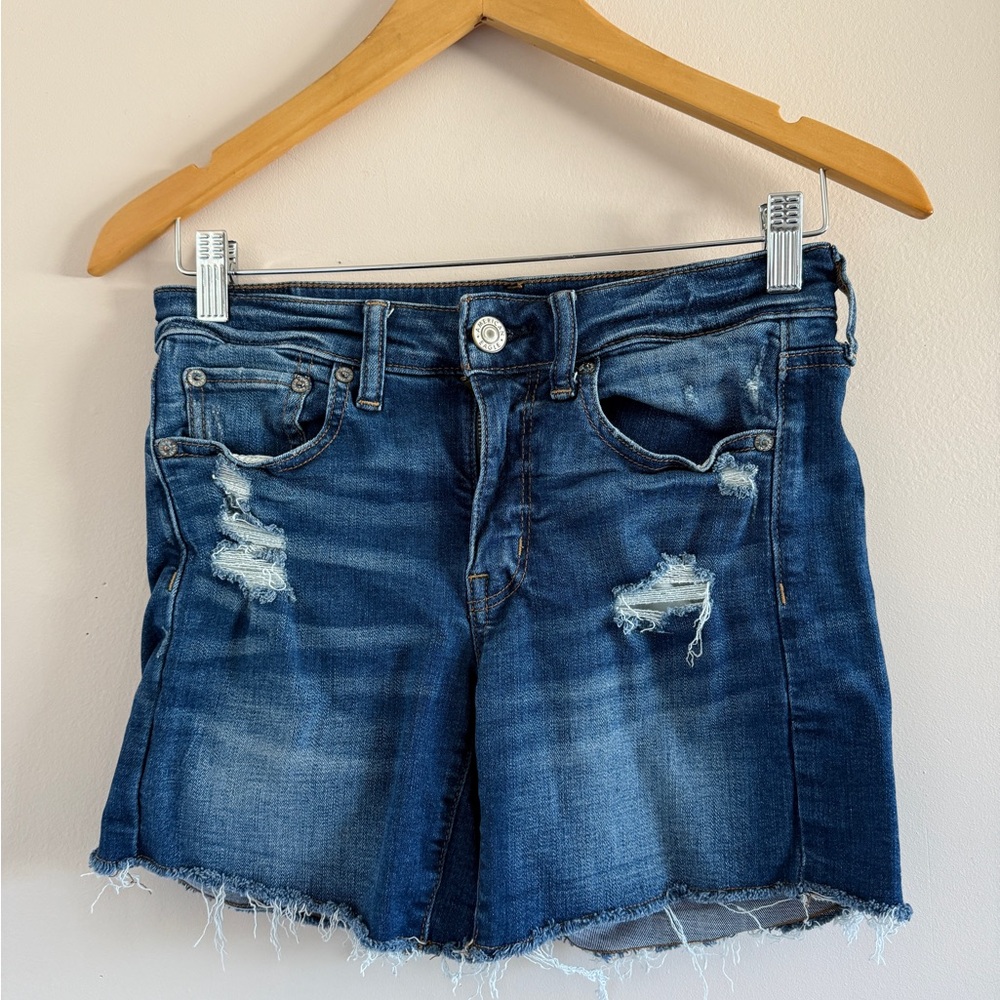 American Eagle Blue Distressed Denim Shorts | Raw Hem Casual Jean Shorts